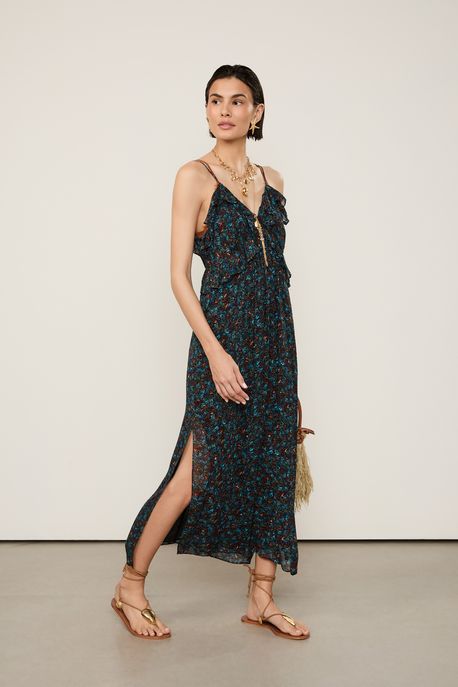 Vestido De Georgette Leve Midi Babados Est Liberty Algas Color - 42