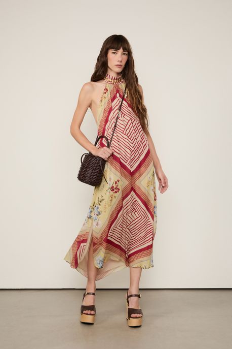 Vestido De Georgette Leve Midi Frente Única Est Lenco Floral Block Color - 34