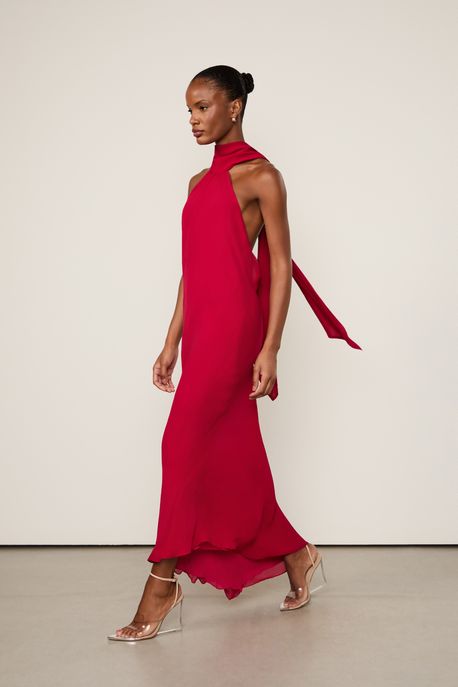 Vestido De Georgette Leve Longo Assimétrico Vermelho Vermelho Calda - 44