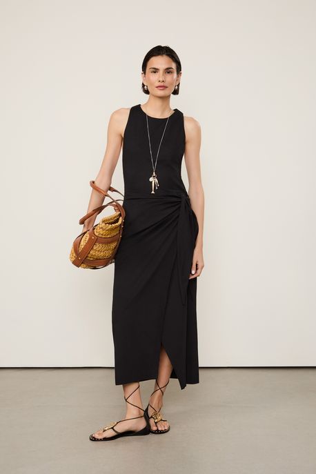 Vestido De Rib Com Meia Malha Sem Mangas Pareo Preto Preto - M