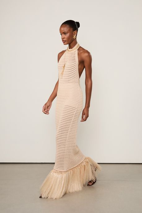 Vestido De Tricot Longo Frente Única Barra Franja Off White - P