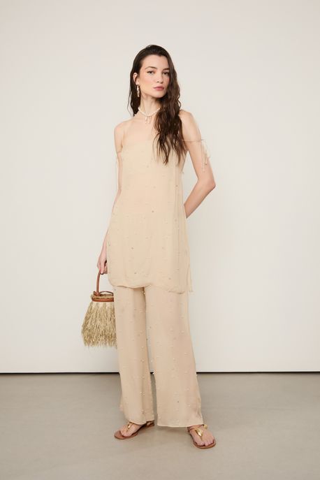 Calça De Georgette Off Acqua Com Aplicações De Brilhos e Perolas Off Acqua - 40