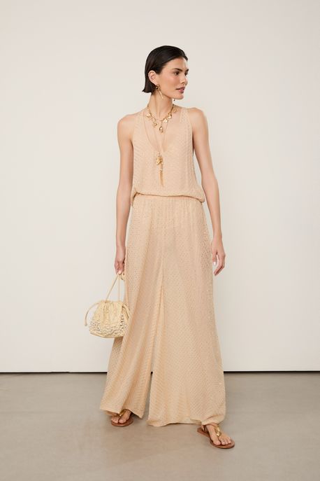 Calça De Georgette Bege Com Hotfix Bege - 38