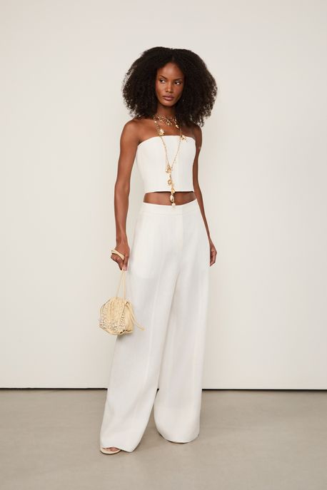 Calça De Linho Ampla De Alfaiataria Off White - 38