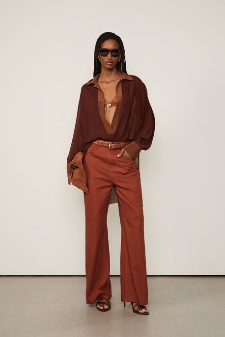 Calça Reta De Sarja Strass Marrom Marrom Caramelo - 34