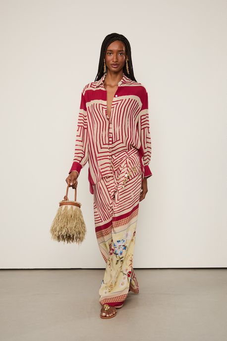 Calça De Seda Reta Estampada Est Loc Floral Block Color Calca - 38