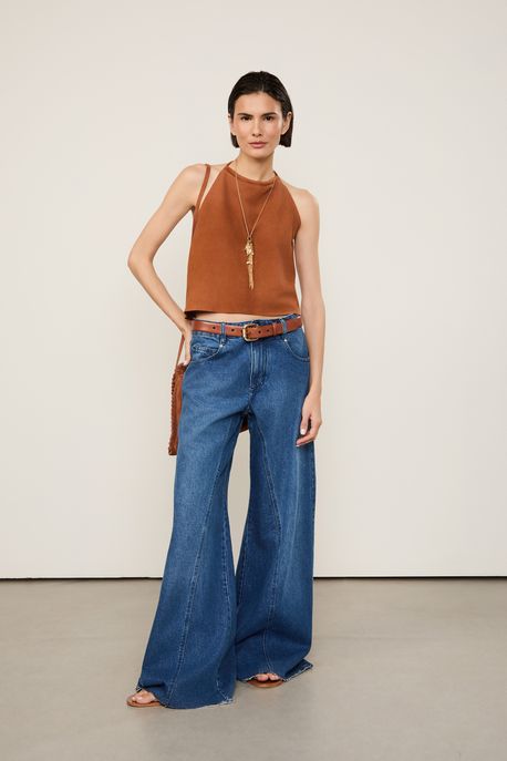 Calça Jeans 5 Pockets Cintura Média Perna Ampla Jeans Medio - 38