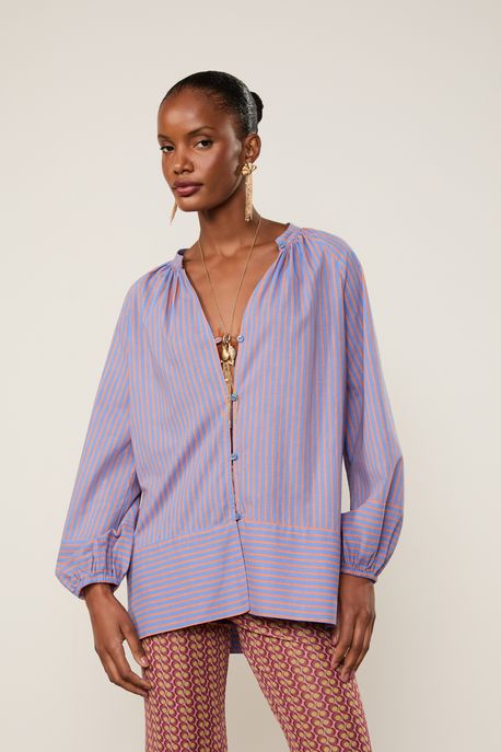 Camisa Voil De Algodão Listrado Coral Concha / Azul Azure - 42