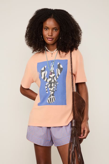 T-Shirt De Malha Estonado Lagosta Coral Coral Concha - G
