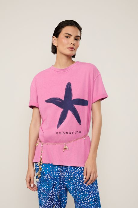 T-Shirt De Malha Submarina Estonado Rosa Rosa - M