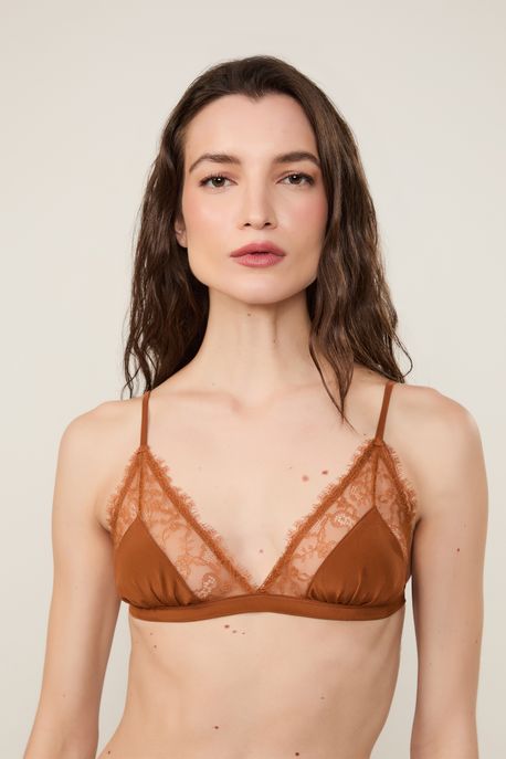 Top De Seda Com Renda Marrom Marrom Caramelo - M