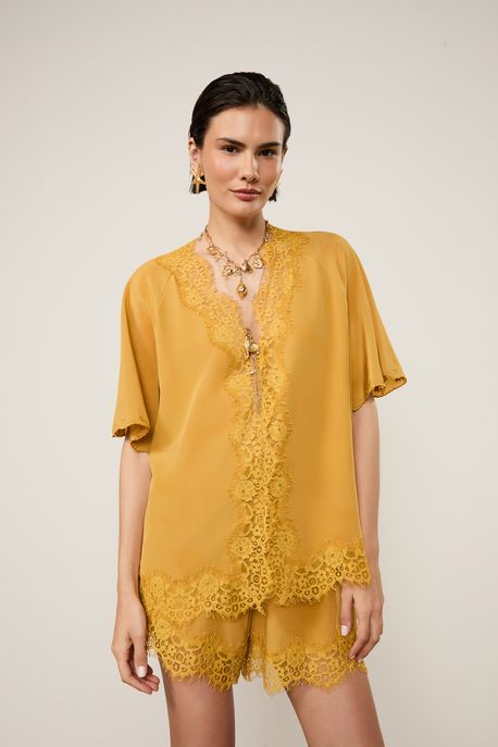 Blusa De Seda Com Detalhe De Renda Caramelo Solar Caramelo Solar - 40