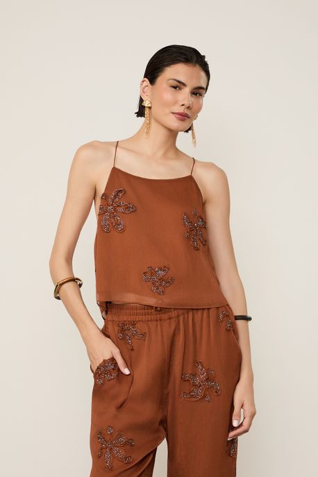Top De Chiffon Marrom Caramelo Com Flores Bordadas Marrom Caramelo - 44