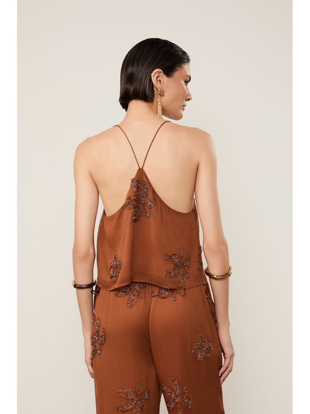 Animale — Top De Chiffon Marrom Caramelo Com Flores Bordadas