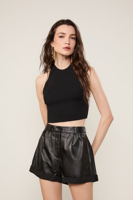 Top De Tricot Cropped Decote Costas Preto - P