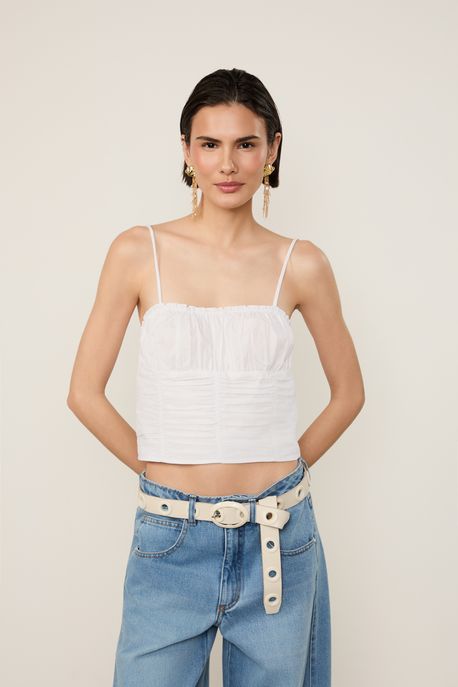 Top De Tricoline Com Detalhe Franzido Branco - 38