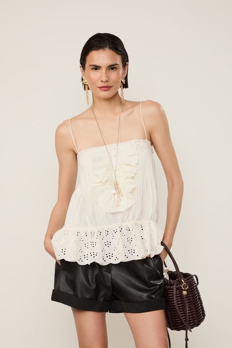 Regata Detalhe Babado Bordado Off White - 36