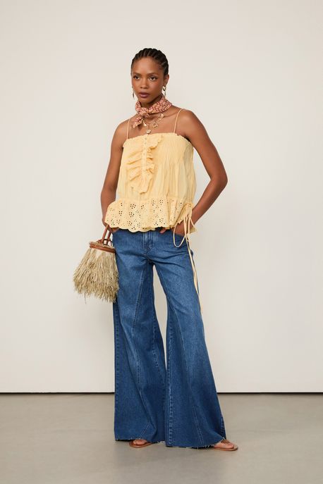 Regata Detalhe Babado Bordado Amarelo Vintage - 42