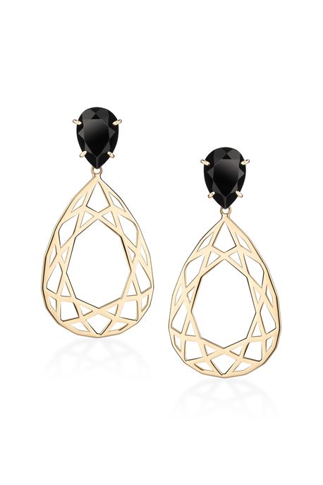 Brinco Conves Ouro Amarelo Com Quartzo Negro - U