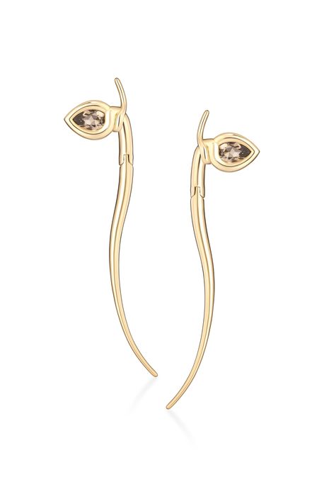 Brinco Guia Longo Ouro Amarelo Com Quartzo Fume - U