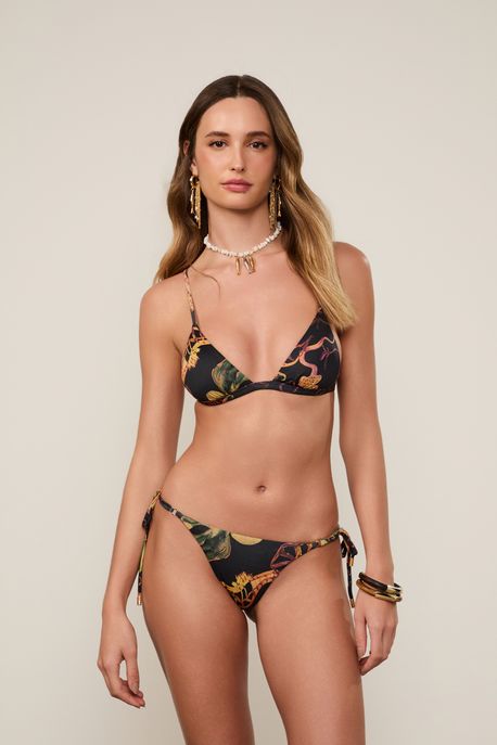 Biquini Estampado Com Top Tri Básico Paralelo e Calcinha Lacinho Est Fig Fundo Do Mar Preto - P