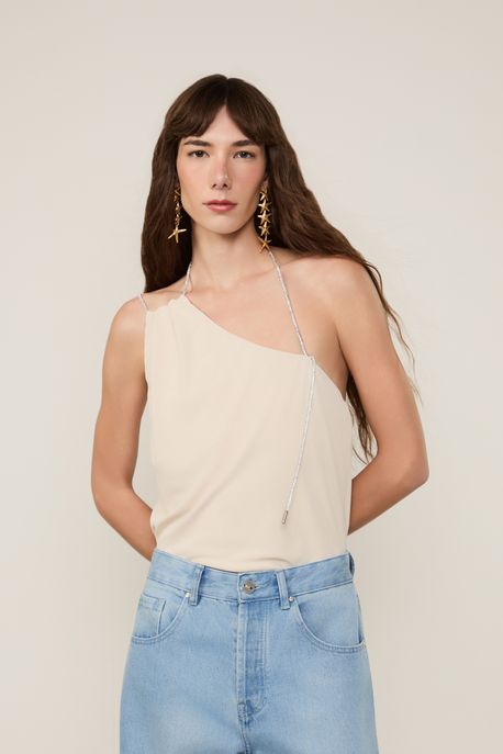 Top Jersey Alça Hotfix Bege Nevasca - P