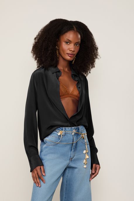 Camisa De Seda Básica Preto - 44