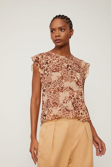 Blusa De Georgette Leve Babados Estampada Est Onca Parda Café e Clash - 42