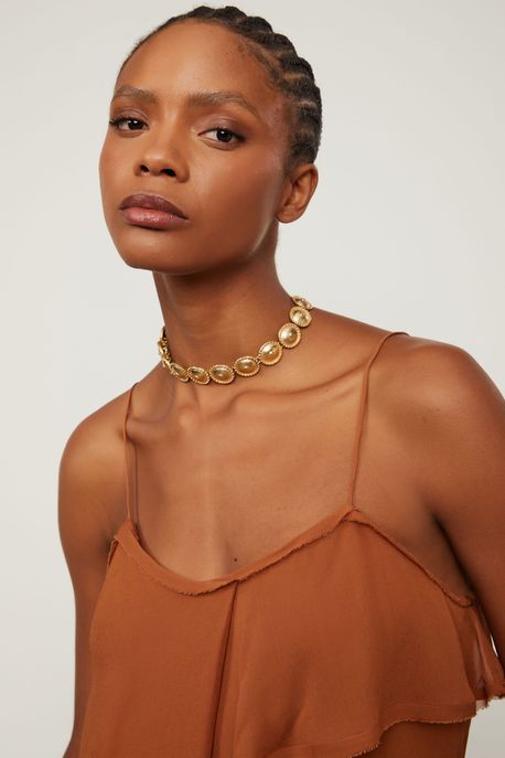 Blusa De Georgette Leve Camadas Marrom De Alça Marrom Biscoito - 42