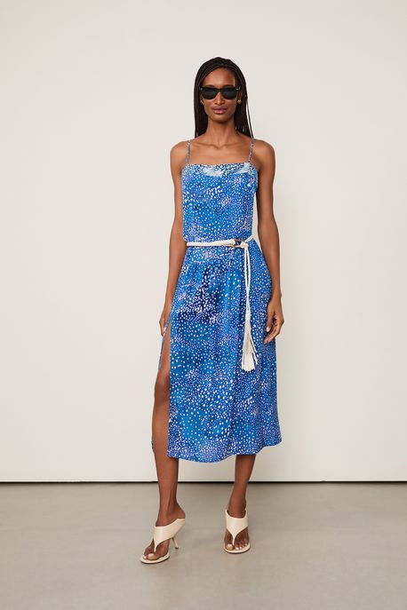 Vestido Midi Com Fenda Estampado Est Pois Sun Azure - 42