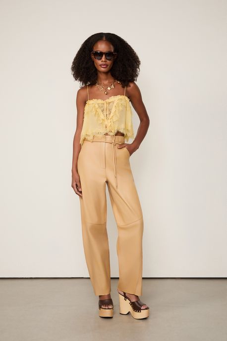 Calca De Couro Duplo Passante Marrom Sepia - 42