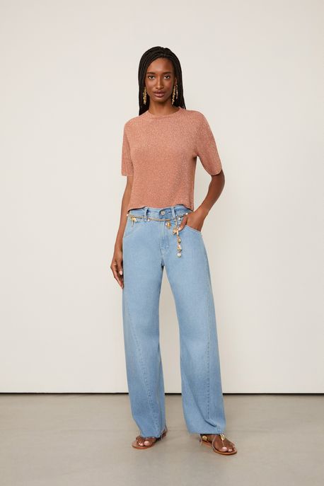 Blusa Básica De Tricot Com Lurex Cobre Claro - M