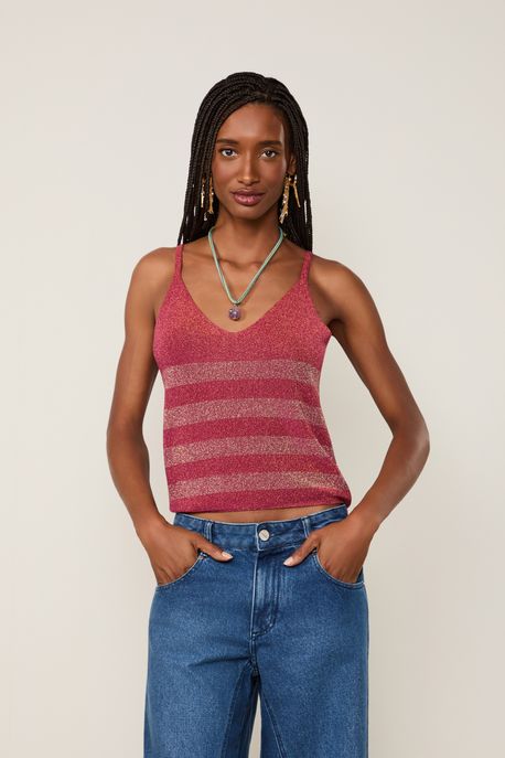 Regata Básica De Tricot Com Lurex Listra Bicolor Vermelho Argila/ Cobre - M