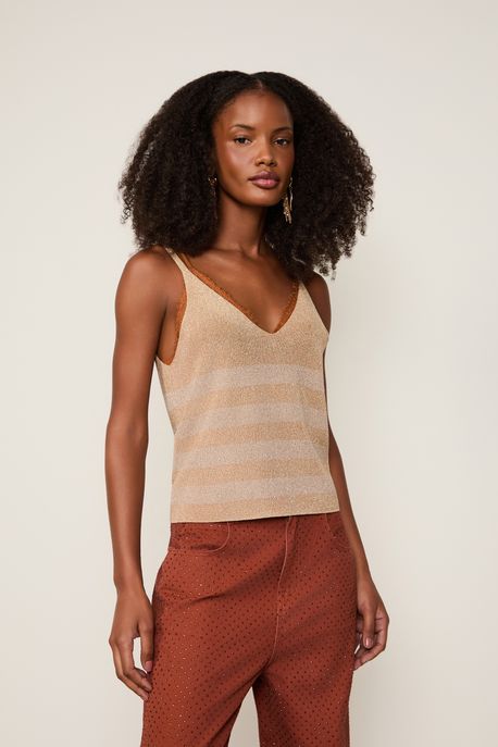 Regata Básica De Tricot Com Lurex Listra Bicolor Prata/ Prata - GG