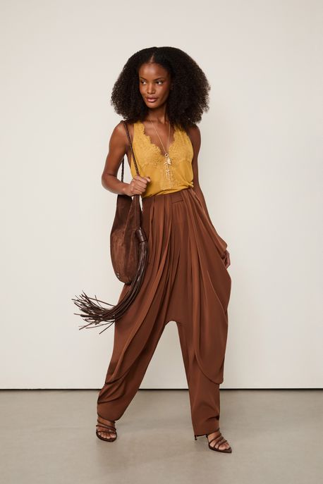 Regata De Malha Com Linho e Renda Caramelo Caramelo Solar - P