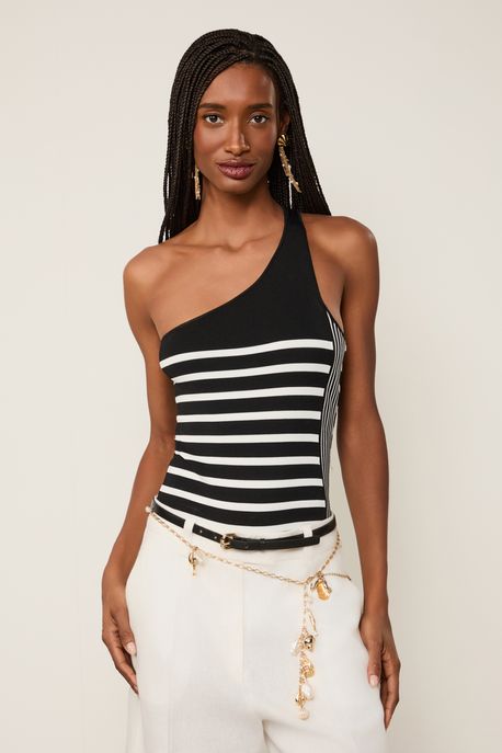 Body De Tricot Listra Pb Com Um Ombro Só Preto / Listra Branca - G