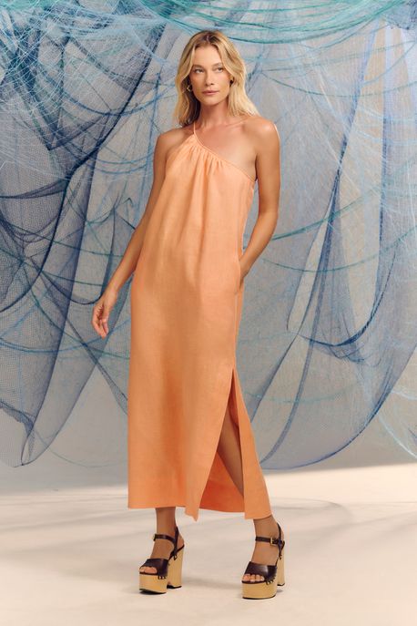 Vestido De Linho Midi Coral Ombro Só Coral Concha - 44