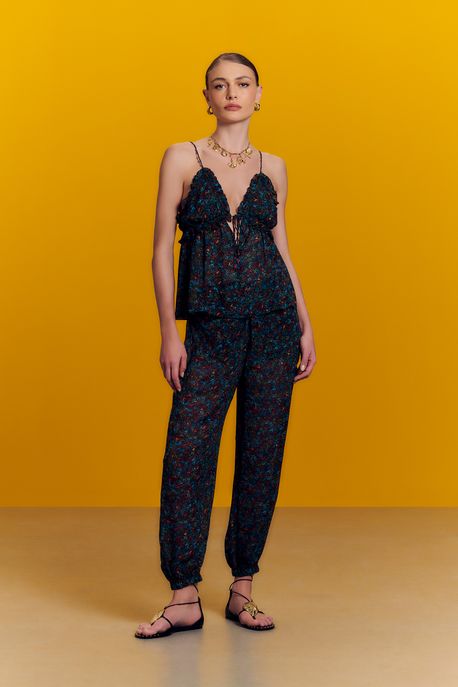 Calça De Georgette Leve Pareô Est Liberty Algas Color - 34