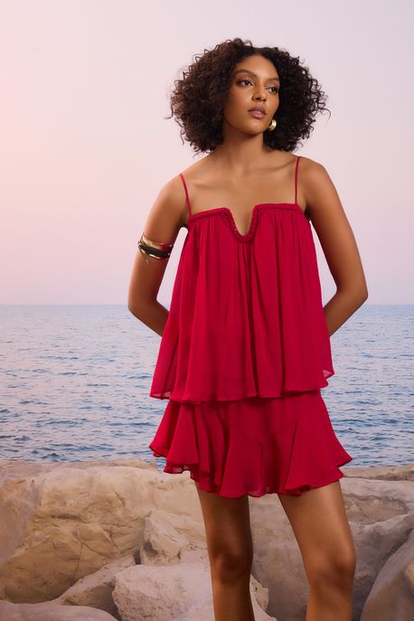 Short Saia De Georgette Vermelho Calda Com Volume Vermelho Calda - 38