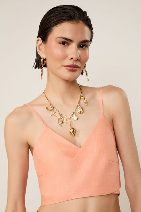 Top De Linho Coral Faixa Coral Concha - 42