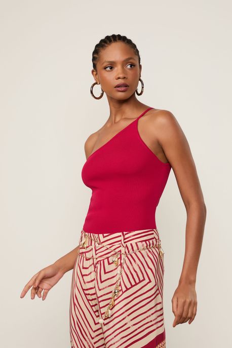 Regata Básica De Tricot Com Um Ombro Só Vermelho Calda - G