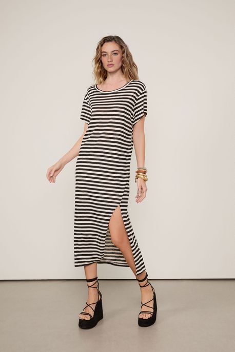 Vestido T-Shirt De Malha Com Fenda Listrado Off e Preto - M