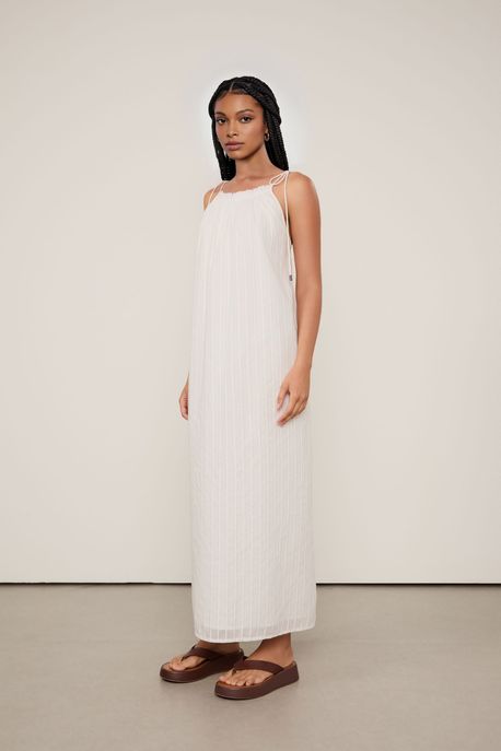 Vestido De Voil Com Lurex Longo Off White - M