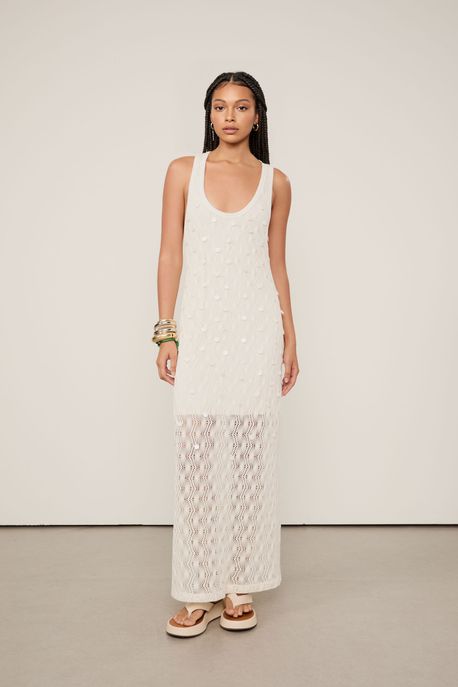 Vestido Midi Tricot Bordado Off White - P