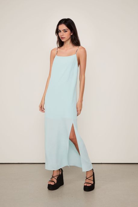 Vestido Longo Basic Fenda Frontal Azul Sky - G