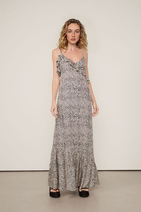 Vestido Longo Pois Ruffles Est Geo Strobo Hall e Preto Aj - PP