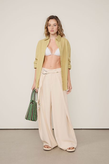 Calça Pantalona Frente Dupla Bege Creme - G