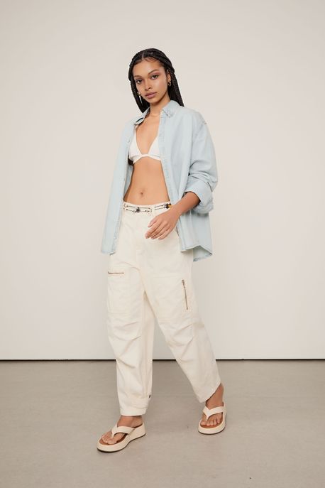 Calça Sarja Cargo Puxador De Couro Branco Hall - 38