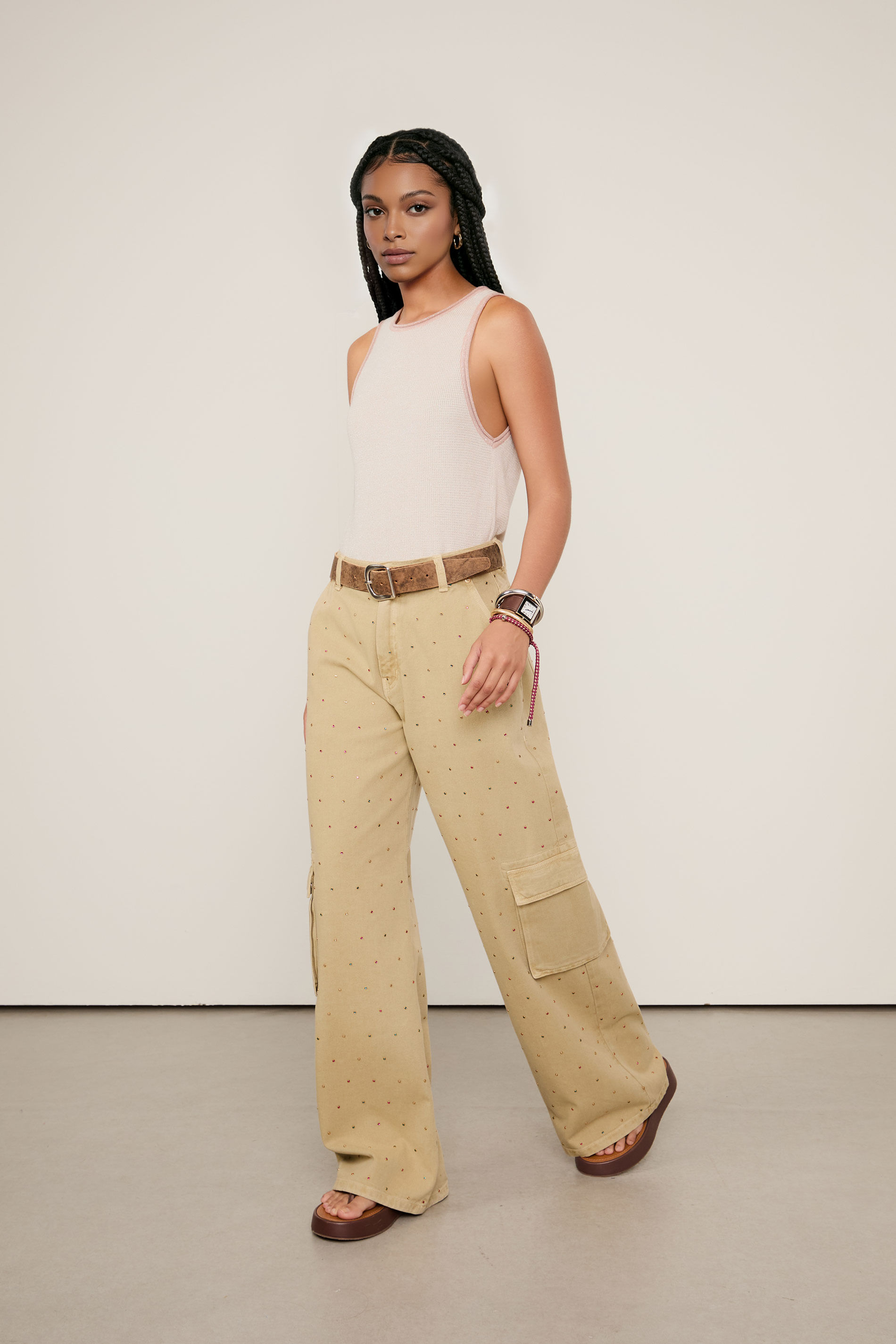 Calça Sarja Wide Leg Strass Color