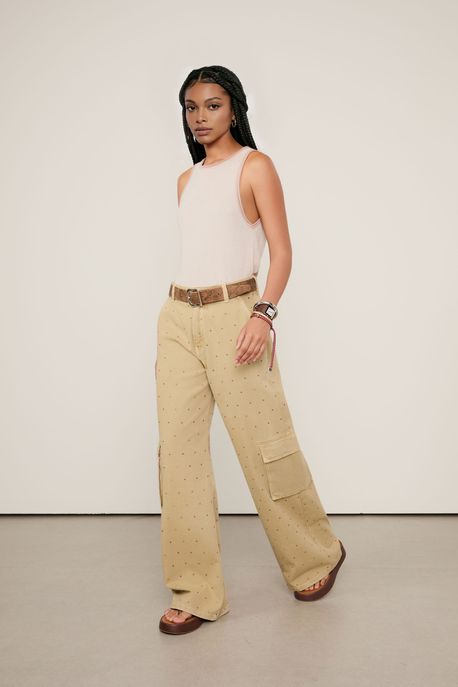 Calça Sarja Wide Leg Strass Color Cinza Oliva - 44